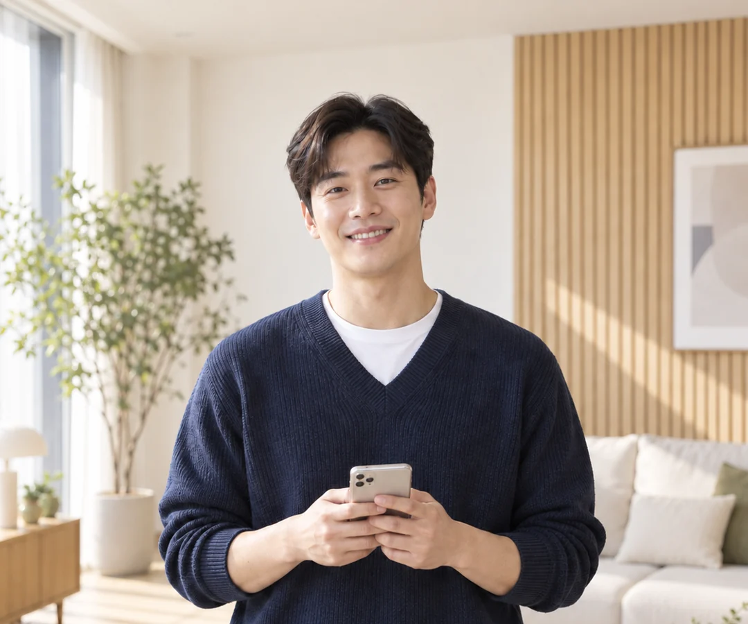 휴대전화로 문자 상담을 하며 미소 짓는 고객